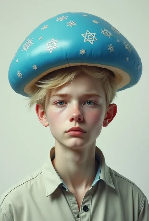 A white, blond man with a blue mushroom head and Jewish symbol 