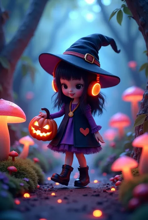 wearing witch headphones, a kawaii witch with a Halloween pumpkin walking through a jungle, close view, enjoying music with headphones, and wearing a black and purple dress, there are glowing plants and mushrooms, 8k ultra HD, sharp view