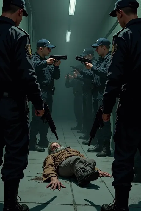 I want a homeless person lying on the ground surrounded by security guards, and they are pointing the gun at him 