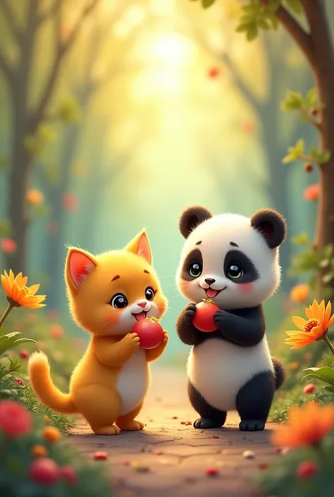 As Cute small yellow cat and panda ate, they shared their adventure. 