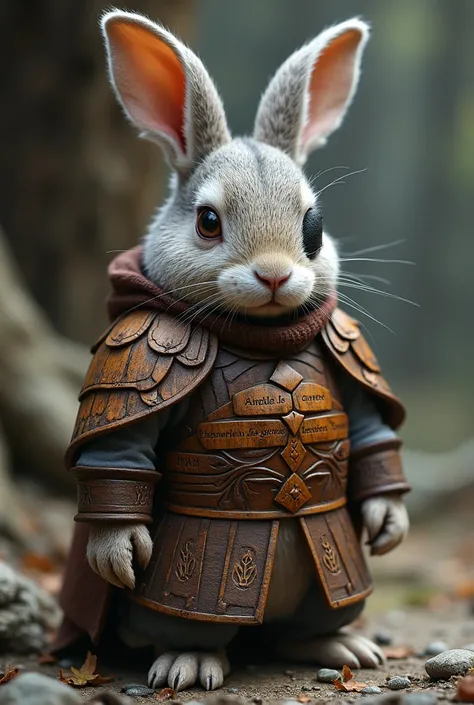 Create a small old rabbit, warrior, with an eye patch over his right eye and fine wooden armor all over his body; which has names of former companions carved into it.