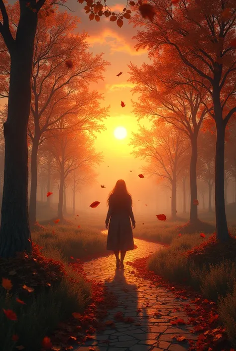 Realistic autumn nature at sunset, leaves flying, mystical path