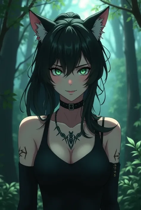 A Shounen Anime style fantasy forest background with a mysterious, dark atmosphere. At the center is a shonen-inspired adult woman with long, wavy black hair, loosely tied into a ponytail. She has emerald green eyes with vertical slit pupils, emphasizing h...