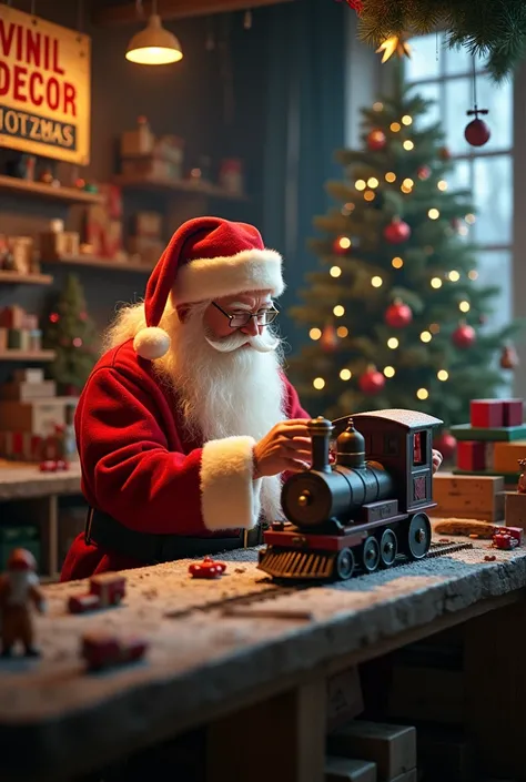 Photo realistic bright Christmas scene with Santa Clause in his workshop, building toys. A toy train in the foreground and a Christmas tree in the background. Eliminate shadows. High resolution. a wood sign  back "VINIL DECOR STORE XMAS"