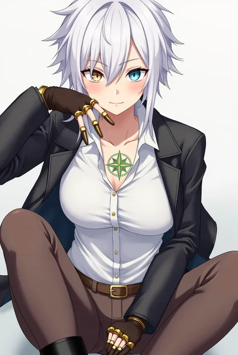 Make an anime character"high quality" "high resolution"(woman)with white hair that is kind of spiky with one blue eye and the other golden he wears a kind of leather jacket and a white dress shirtleather gloves with lead gold details brown pants and black ...