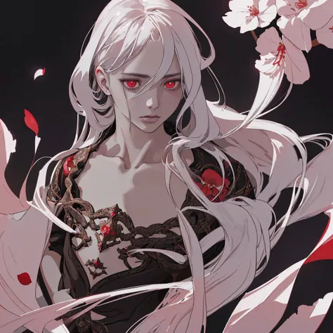 1 man with long white flowing hair, burning flower, scattered petals, anatomically correct, (((( chest-up portrait )))),,extremely detailed eyes and face, looking sideways, glowing red eyes, cropped composition, (best quality,8k,highres,masterpiece:1.2),ul...