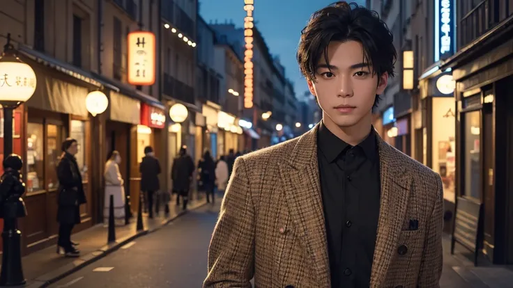 Japanese,23-29, Handsome,  fair skin, black eyes（thin eyes 1：3), (Super detailed, best quality, 4K, 8k, High resolution, masterpiece:1.3) he is a fashion model. Ge is now in Paris. Season is fall , night, background is Paris famous travel spot