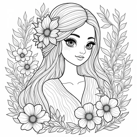 Give me a cute and fantastic lady coloring book pages flowers background no color no grayscale no shadow high details but the design is simple and bold 