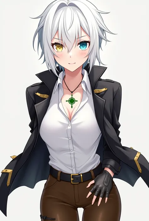 Make an anime character"high quality" "high resolution"(woman)with white hair that is kind of spiky with one blue eye and the other golden he wears a kind of leather jacket and a white dress shirtleather gloves with lead gold details brown pants and black ...