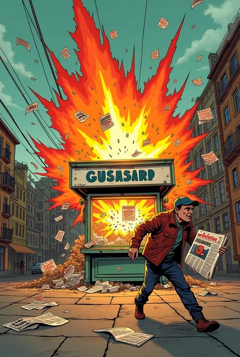 An exploding newspaper stand, several magazines and newspapers go on air, a newspaper vendor runs away from the explosion holding a newspaper with the inscription "fires" in Portuguese on the cover. Landscape orientation, old comic style.