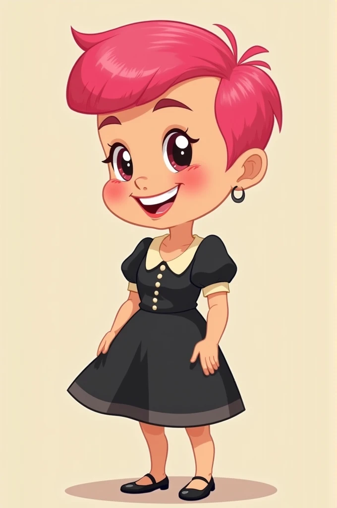 Cute simple cartoon lady with chubby cheeks, a cheecky smile,a hot pink buzzcut and a little black and cream tea length dress with short puff sleeves and buttons. Simple two dimention