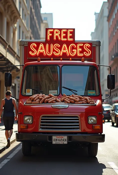 A delivery truck on which stands, "free sausages"