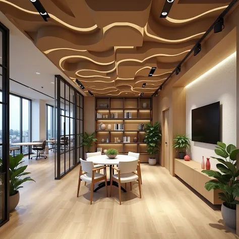 Design a modern, 400 sq. ft. office space for interior designers and architects. The layout includes a compact reception area, 2-4 sleek workstations separated by glass dividers, a semi-private meeting zone with a round table, and floor-to-ceiling shelves ...