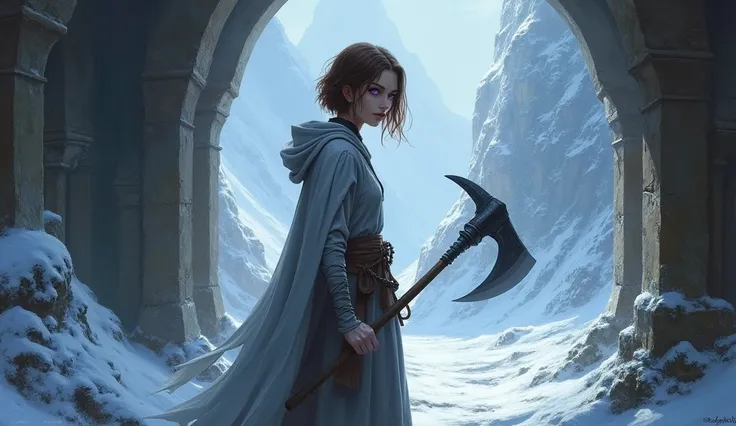 Gorgeous Fantasy painted art of slim purple eyed D&D monk with sickle standing in elven crypt, painted Fantasy Dungeons and dragons art, 1female, Elven Crypt, D&D style, far away, Fantasy snow valley, wields 1 sickle, (European solo woman battle monk in mi...