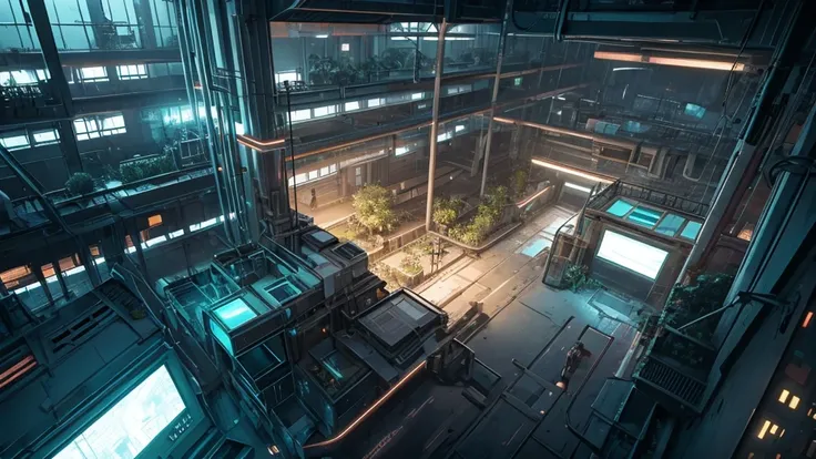 Create a scene of an abandoned futuristic laboratory, with some plants around the place at night, take a view from above