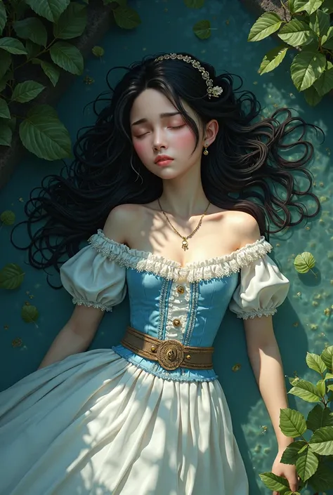 Character: Iasmim01, an 1 girl, is unconscious in a riverbed. Her long straight, dark black hair is disheveled and falls gently over her shoulders, tangled in the crystal clear waters of the river. Her large dark brown eyes are closed and her mouth, with d...