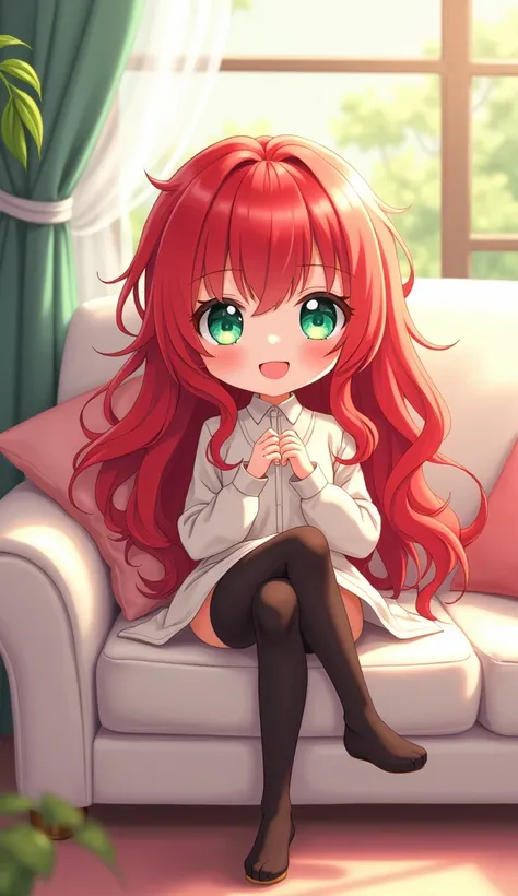 Charming chibi anime woman, radiant red hair flowing in playful waves, her sparkling emerald eyes gleaming with joy, comfortably seated on an immaculate white couch, decorated with plush pastel pillows, enchanting smile brightening her face, exuding a play...