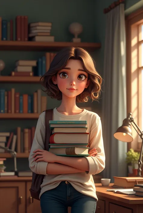 make a girl with short wavy hair who studies psychology with books in her arms that looks human
