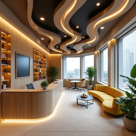 Design a modern, 400 sq. ft. office space for interior designers and architects. The layout includes a compact reception area, 2-4 sleek workstations separated by glass dividers, a semi-private meeting zone with a round table, and floor-to-ceiling shelves ...