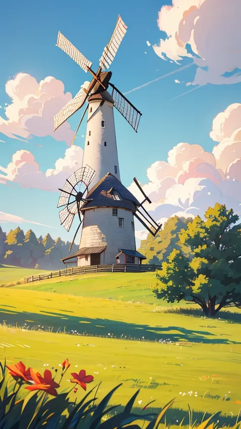 "an old windmill standing in the middle of a wide, grassy field, with only a few scattered trees around. the sky is bright blue ...