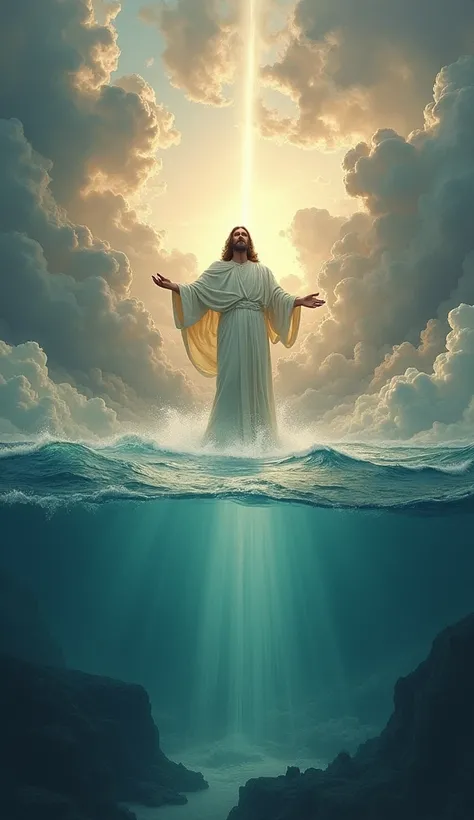 God creating the firmament": A powerful image of the sky forming, with waters above, in the form of clouds, and waters below, represented by the ocean. A separation effect, as if an invisible line divided the elements.