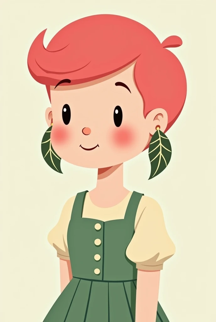 Cute simple cartoon lady with chubby cheeks,a hot pink buzzcut and a little green and cream tea length dress with short puff sleeves and buttons. add glasses big leaf earrings