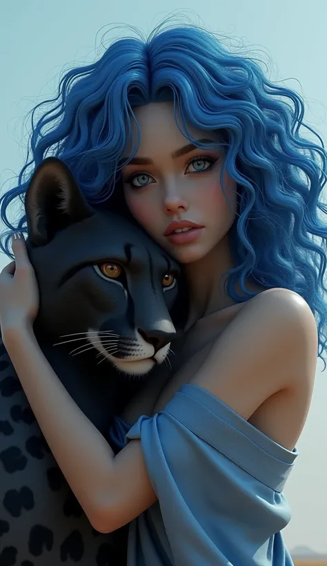 3D style Woman with blue curly hair with blue eyes He hugged a black cheetah