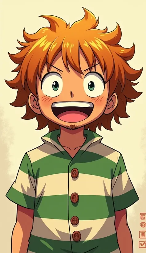 Anime-style character, warm brown skin tone, round face radiating friendliness, short, curly hair bouncing with life, wearing a vibrant green and white striped shirt featuring oversized buttons, playful and engaging attire, neatly trimmed short beard conto...