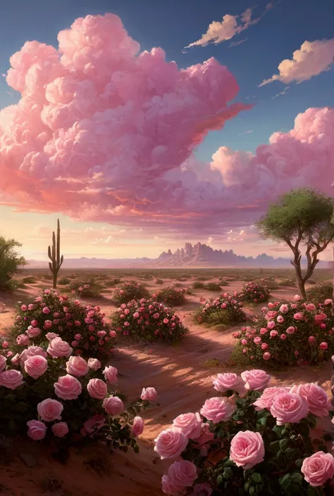 Summer, desert, pink clouds, a land overgrown with roses, James Gurney, art station rendering, ultra-wide lens, high definition