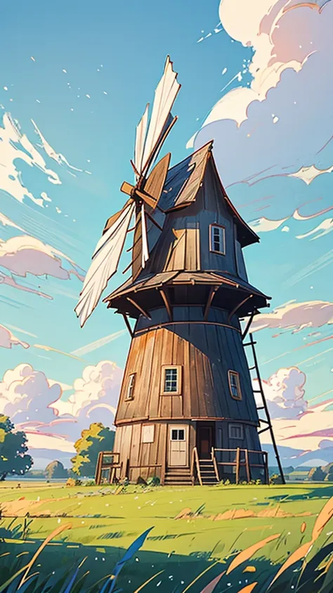 "an old windmill standing in the middle of a wide, grassy field, with only a few scattered trees around. the sky is bright blue ...