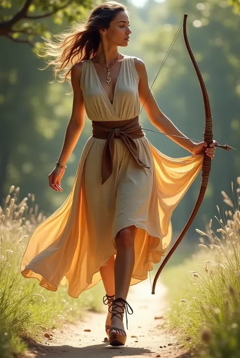 a woman parading around wearing a casual outfit inspired by the Greek goddess Artemis