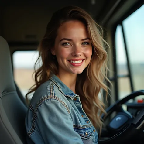 Attractive and confident girl 3 ,truck driver ,daylight hours, in simple clothes that emphasize her figure, but not too revealing, not super beauties, just pretty girls,Sexy, with a seductive smile, neat makeup, accent on red lips