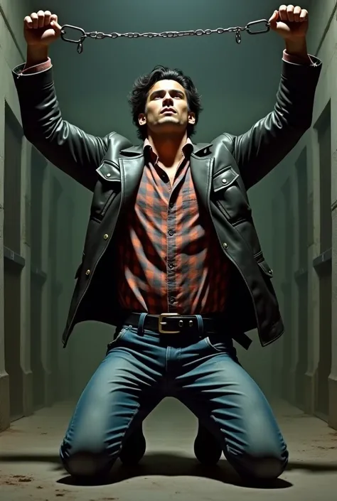 Side view of  a handsome  rowdy looking Young indian men  wearing long sleeve slim fit check shirts denim trousers  and large  square buckle leather jacket black belt kneeling with his hands  stretched so straight highup above his head   and hands  handcuf...