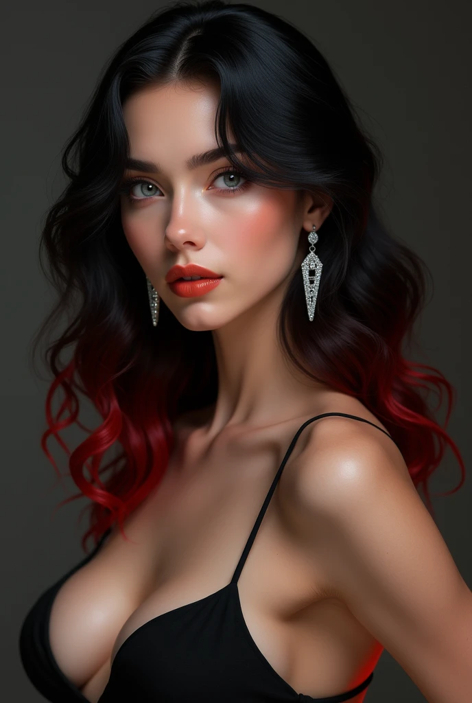 
a young woman with wavy black, red-tipped hair that falls to her shoulders, parted on the side. His expression is neutral, with slightly parted lips and piercing light honey-colored eyes. She is wearing elegant and shiny earrings and a low-cut black minid...