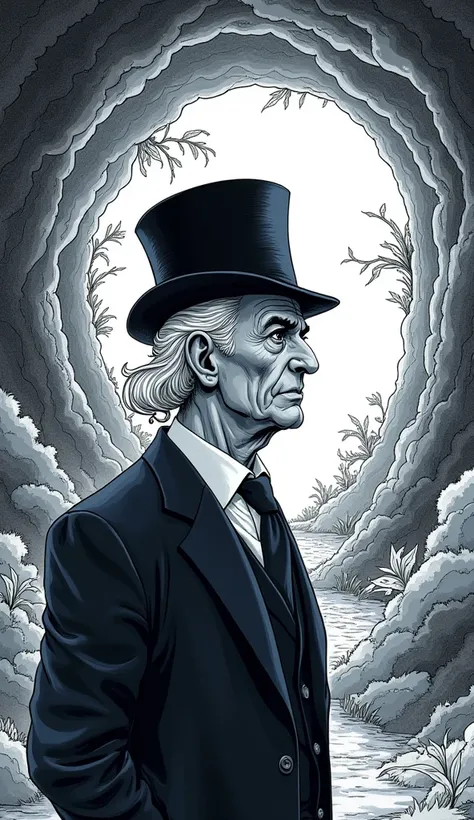 Monochrome manga-style illustration, elderly man, distinguished figure, elegantly tailored dark blue suit contrasted against soft flowing dimensions, sharp black eyes eyeing the inexplicable, short flowing white hair escaping the confines of the top hat, c...