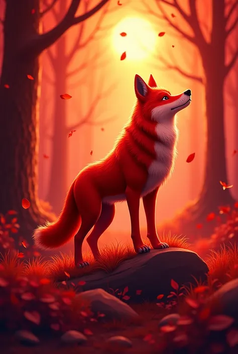 Create an animated maned wolf crest, detailed and vibrant, seen in profile. The coat of arms should be in bright red tones and contrast with a forest background in a reddish tone.. Animation should convey a sense of fun and joy., with light and expressive ...