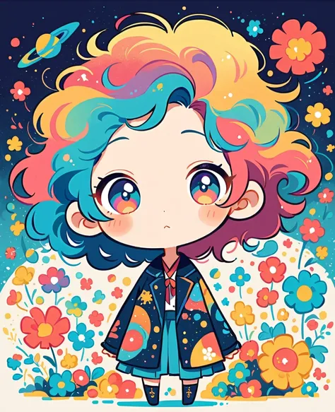 Watase Seizo style, Standing in front of a high wall，Simple Line Initialism，Abstract art，galactic universe Background, (((The most beautiful girl))), (((chibi))), colorful flowers, 