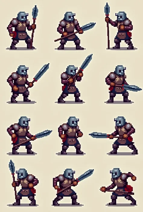 Create a 16x32 sprite sheet for character animations that includes frames for movement, running, jumping, sword attack, spear attack, and bow attack. Soldier. SNES style