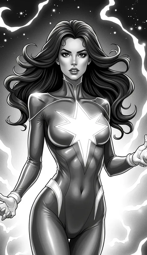 Monochrome manga depiction, Jessica Cruz transformed as a radiant Star Sapphire, fluid lines and intricate detailing capturing her elegant power, dynamic stance exuding confidence and grace, flowing hair accentuated with sharp contrasts, luminescent Star S...