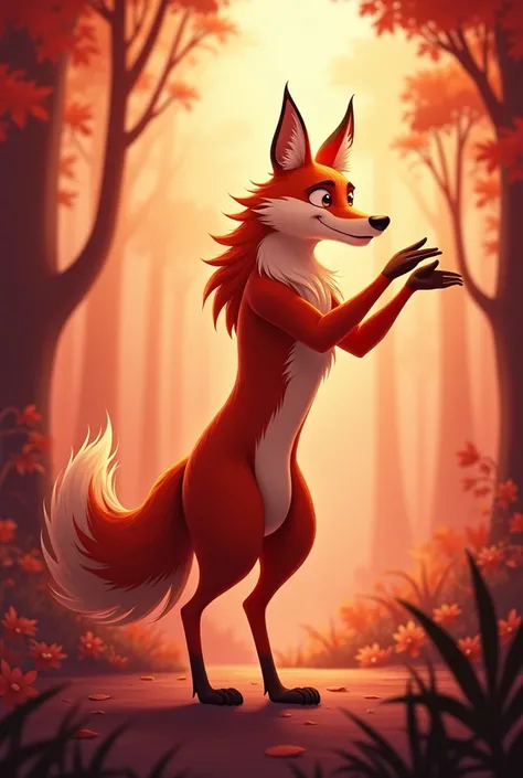 "Develop an animated maned wolf crest, detailed and standing on two legs, seen in profile. The wolf should be in vibrant shades of red, standing out against a reddish forest background. The animation should convey an animation vibe, fun and joy, with the w...