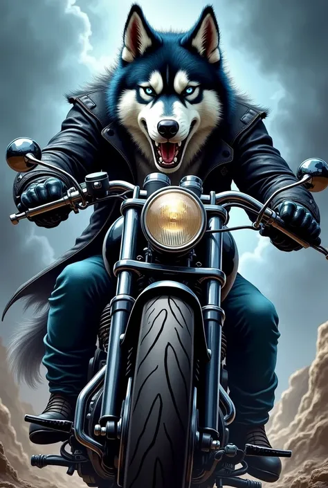 Create a sticker of a hosky in the style of Van Helsing riding a motorcycle
