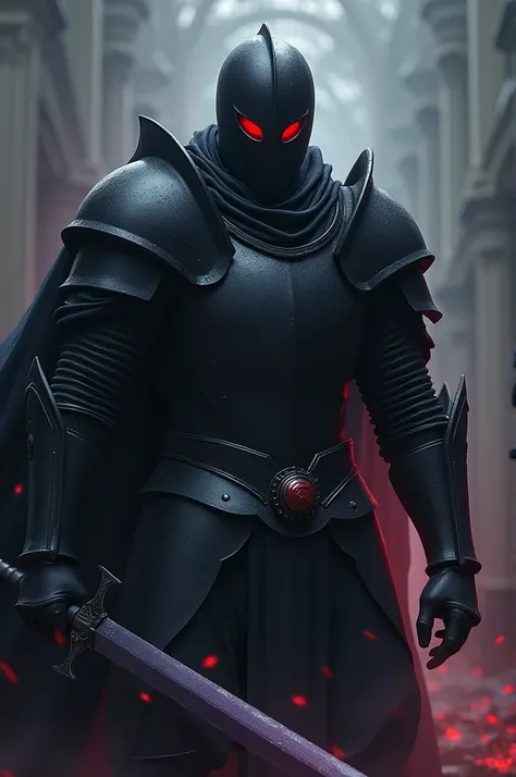 Furious sportive looking knight, in full dark black armour, with a dark helm covering his whole head, you can see only his raged red glowing eyes, he holds a dark purple large sword, he has a dark black cloak on his back
