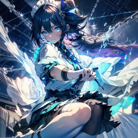 「karin (blue archive), dark skin, black hair, yellow eyes, very long hair, aqua ribbon, maid apron, maid headdress, aqua bow, short sleeves, hand under clothes, white gloves, large breasts, black skirt, frills skirt, layered skirt, {{{miniskirt}}}, {{{whit...