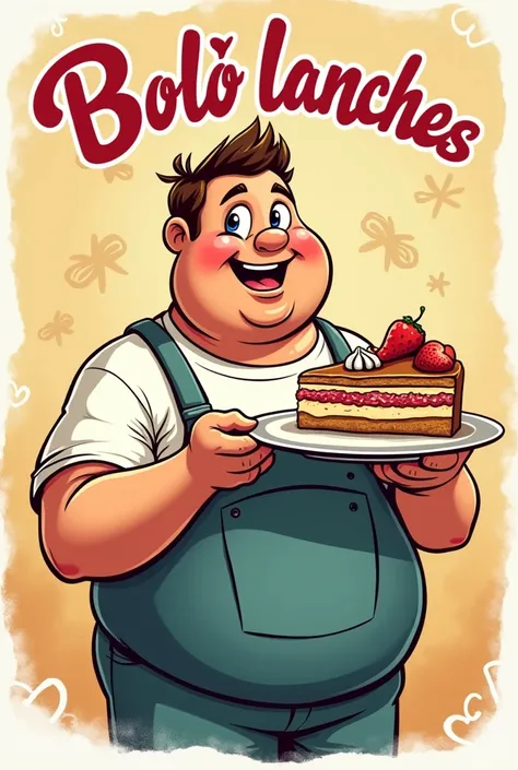 I would like to create a label with the name “bololô lanches” with the product being cakes, all in Portuguese with a chubby man holding the cake in the shape of a drawing