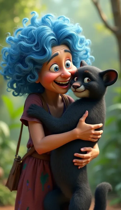 3D style older Woman with blue curly hair with blue eyes He hugged a black cheetah laughing 