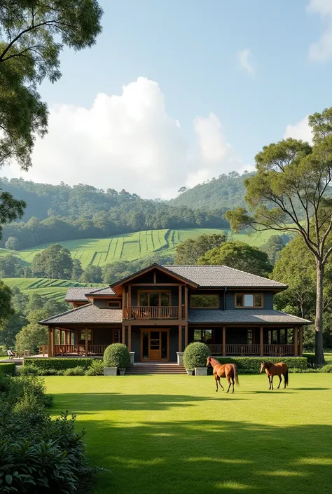 A coffee farm with a 4 bedroom not wooden house with horses let their be space at the front of the house b4 the coffe farm
