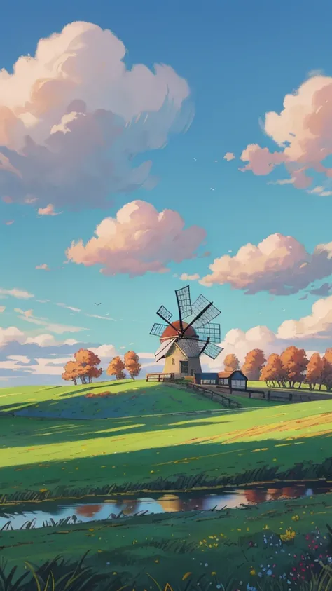 "An old windmill standing in the middle of a wide, grassy field, with only a few scattered trees around. The sky is bright blue with gentle clouds, and the vivid colors bring life to the quiet, rural setting."