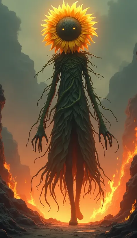 Imagine a towering figure, easily reaching 12 feet, whose head is an enormous sunflower. The petals radiate outwards in a dazzling array of yellow, but their tips flicker with a smoldering orange, as if kissed by flame. His face is obscured by the dark, te...