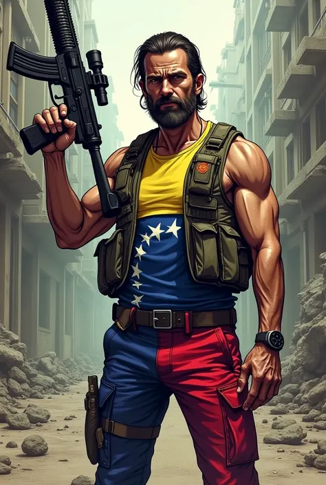 Rick Grimes comic version with a powerful rifle and dressed in the colors of the Venezuelan flag 