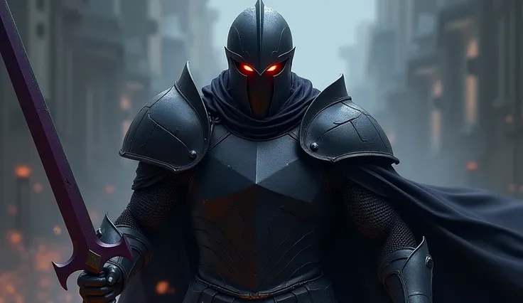 Furious sportive looking knight, in full dark black armour, with a dark helm covering his whole head, you can see only his raged red glowing eyes, he holds a dark purple large sword, he has a dark black cloak on his back